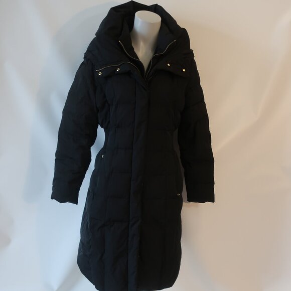 Womens Cole Haan Black Down Cluster With Feather Fill Hooded Midi Puffer Coat L - Picture 6 of 16